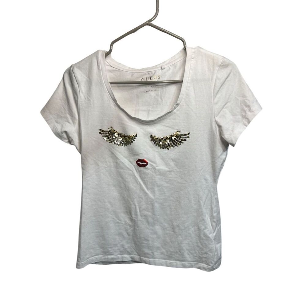 Guess Women's Beaded White T-Shirt Size L Short Sleeve Casual Top